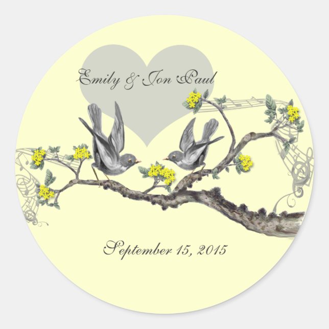 Yellow Flowers Vintage Love Birds Wedding Stickers (Front)