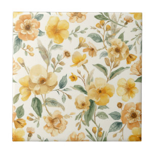 Yellow Flowers Watercolor Botanical Floral Tile