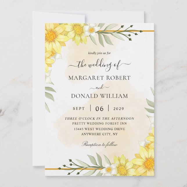 Yellow flowers with a golden wedding invitations (Front)