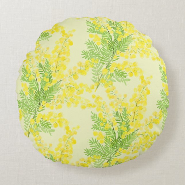 Yellow fluffy mimosa flower round cushion (Front)