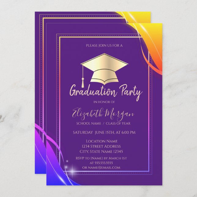 Yellow Frame Grad Cap Violet Graduation   Invitation (Front/Back)
