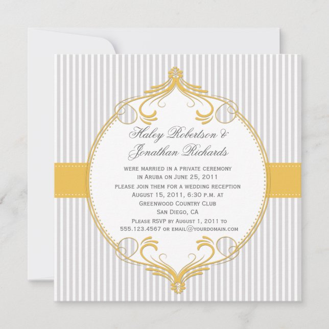 Yellow Frame Grey White Stripes Wedding Invitation (Front)
