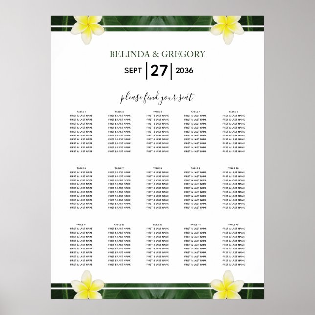 Yellow Frangipani Plumeria Wedding Seating Chart (Front)