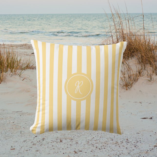Yellow French Beach Stripe Initial Monogram Cushion (Creator Uploaded)