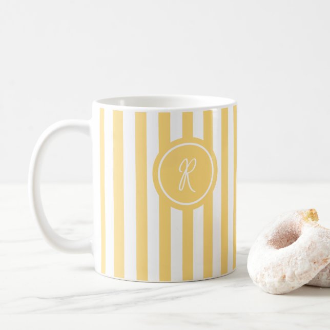 Yellow French Beach Stripe Personalised Monogram Coffee Mug (With Donut)