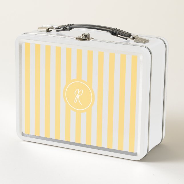 Yellow French Beach Stripe Personalised Monogram Metal Lunch Box (Front)