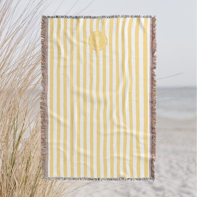 Yellow French Beach Stripe Personalised Monogram Throw Blanket (Creator Uploaded)