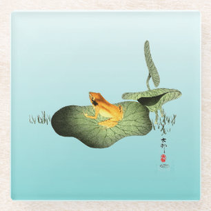 Yellow Frog on Lotus Leaf Glass Coaster