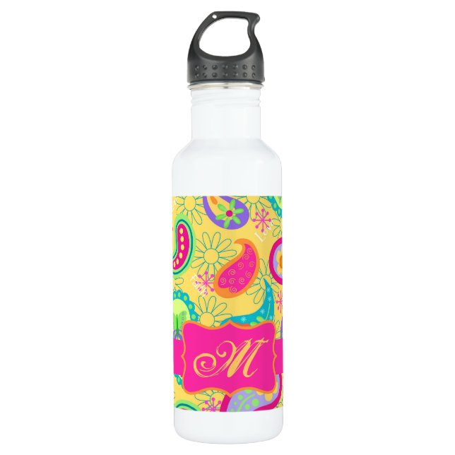 Yellow Fuchsia Pink Modern Paisley Monogram 710 Ml Water Bottle (Front)