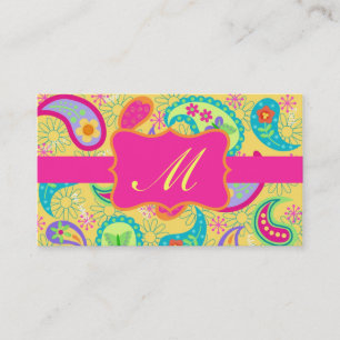 Yellow Fuchsia Pink Modern Paisley Monogram Business Card
