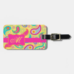 Yellow Fuchsia Pink Modern Paisley Monogram Luggage Tag