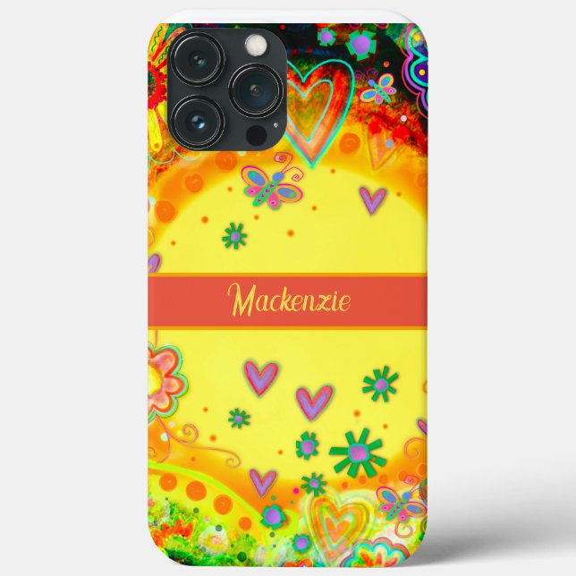 Yellow Fun Heart Flowers Personalise Name Case-Mate iPhone Case (Back)