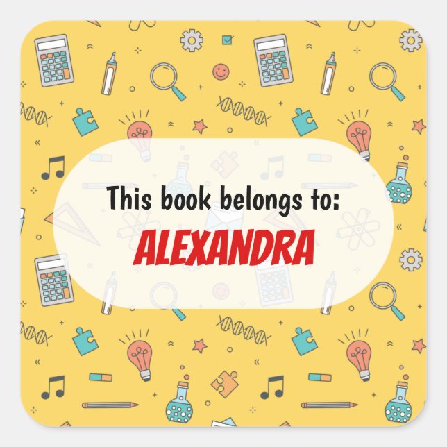 Yellow Fun School  Supplies Pattern Personalised Square Sticker (Front)