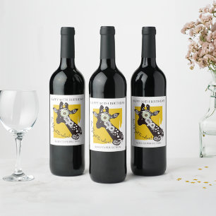 Yellow Funky Cool Giraffe Birthday Wine Label