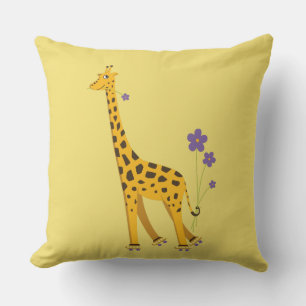 Yellow Funny Roller Skating Giraffe Outdoor Cushion