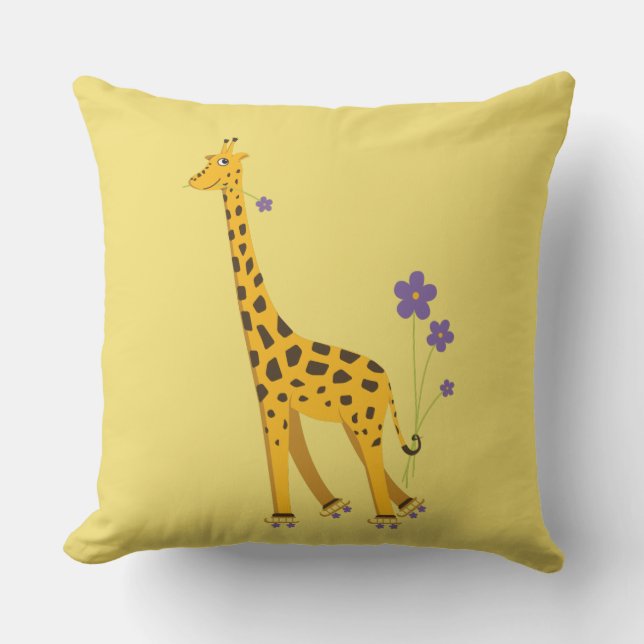 Yellow Funny Roller Skating Giraffe Outdoor Cushion (Front)