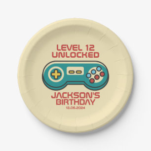 Yellow Gamer Level Unlocked Retro Gaming Birthday Paper Plate