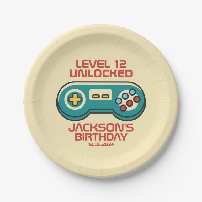 Yellow Gamer Level Unlocked Retro Gaming Birthday Paper Plate (Front)