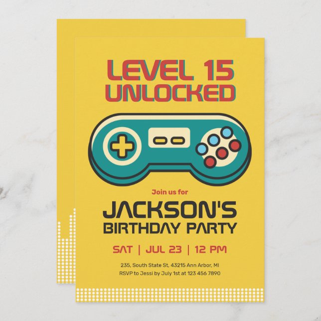 Yellow Gaming Video Game Player Gamer Boy Birthday Invitation (Front/Back)