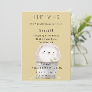 Yellow Garden Hedgehog with Daisy Flower Birthday Invitation