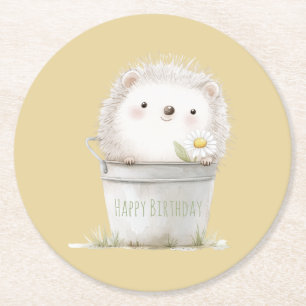 Yellow Garden Hedgehog with Daisy Flower Birthday Round Paper Coaster