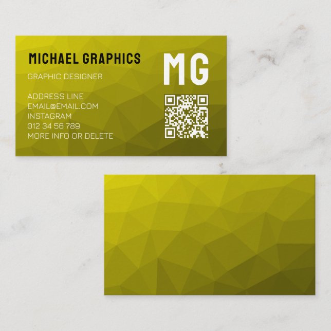Yellow geometric mesh pattern QR code Monogram Business Card (Front/Back)
