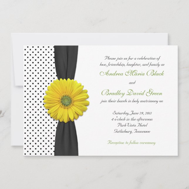 Yellow Gerber Daisy Polka Dot Wedding Invitation (Front)