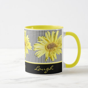 Yellow Gerbera and Black Live, Love, Laugh Mug