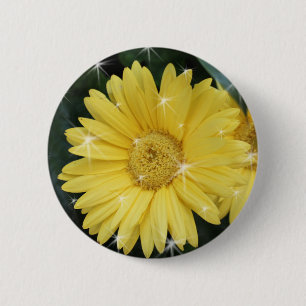 yellow gerbera daisy flower with stars 6 cm round badge