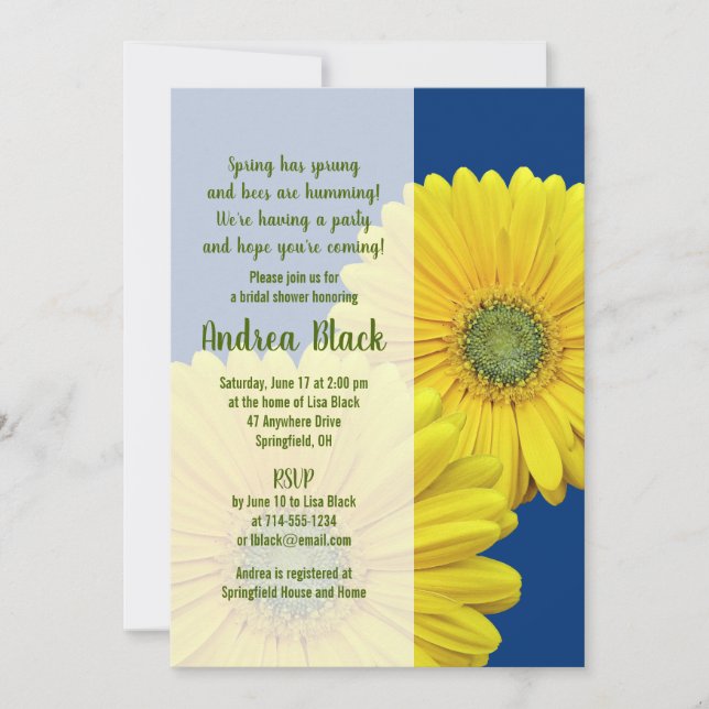 Yellow Gerbera Daisy Navy Bridal Shower Invitation (Front)
