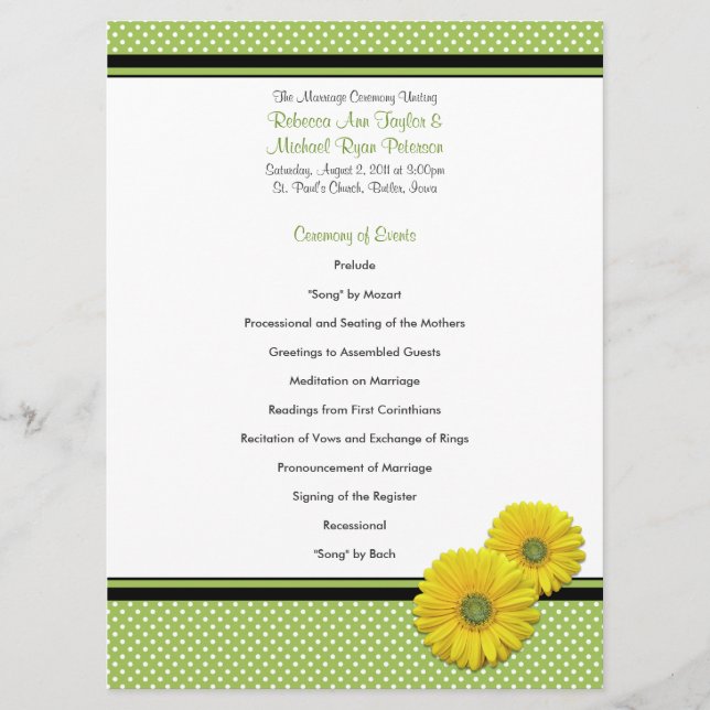 Yellow Gerbera Daisy Polka Dot Wedding Program Programme (Front)