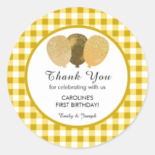 Yellow Gingham 1st Birthday Glitter Balloons Favou Classic Round Sticker