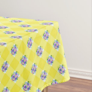 Yellow Gingham and Purple Blue Flowers Country Tablecloth