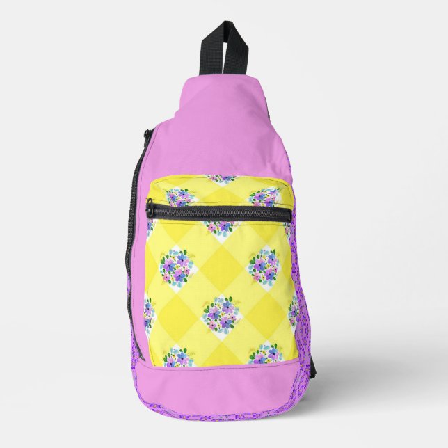 Yellow Gingham and Purple Flowers Country Sling Bag (Front)