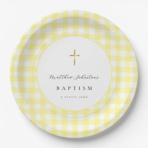 Yellow Gingham Baby Baptism Paper Plate