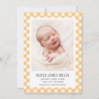 Yellow Gingham Baby Birth Announcement Photo Card