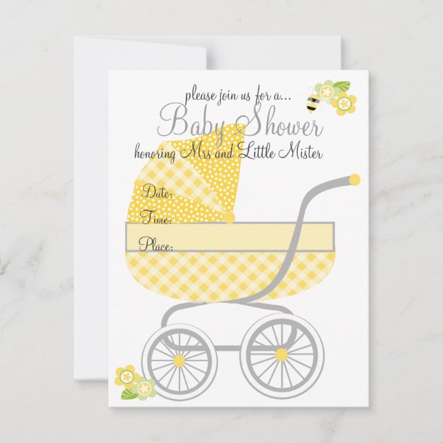 Yellow Gingham Baby Buggy Invitation (Front)