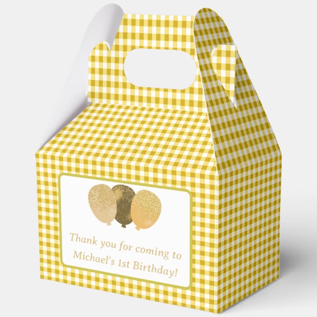 Yellow Gingham Balloons Custom Photo Birthday  Favour Box (Front)