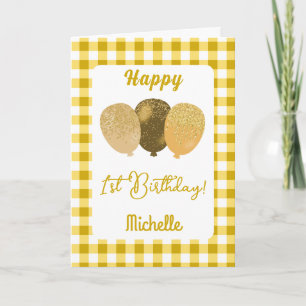 Yellow Gingham Balloons Kids Birthday Greeting Card