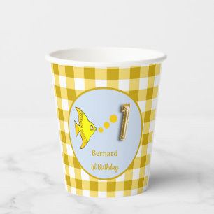 Yellow Gingham Birthday Photo Fish Gold Balloon Paper Cups