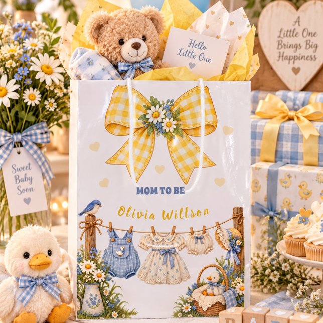 Yellow Gingham Bow Duck Mum To Be Custom Name Medium Gift Bag (Creator Uploaded)
