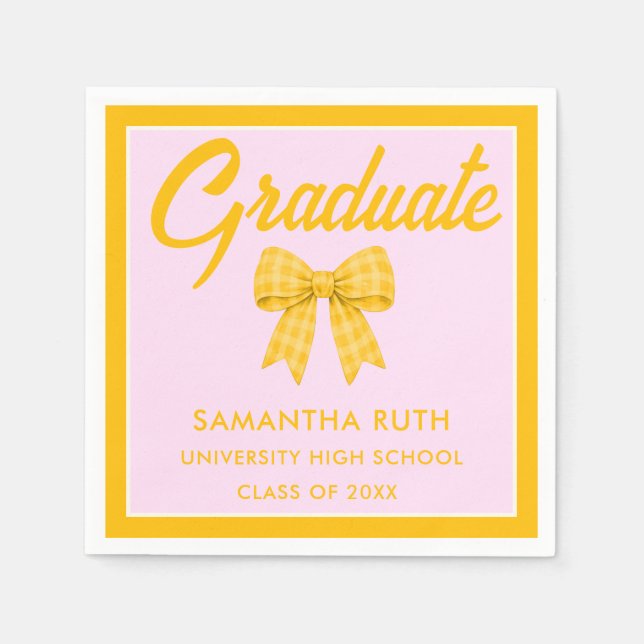 Yellow Gingham Bow Graduation Party Napkin (Front)