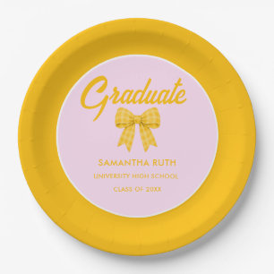 Yellow Gingham Bow Graduation Party Paper Plate