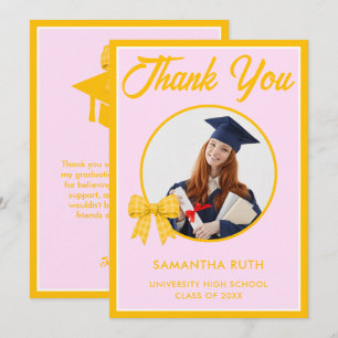 Yellow Gingham Bow Photo Graduation Thank You Card