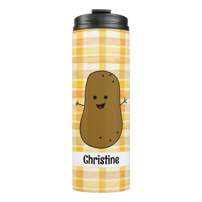 Yellow Gingham Brown Potato Custom Thermal Tumbler (Front)