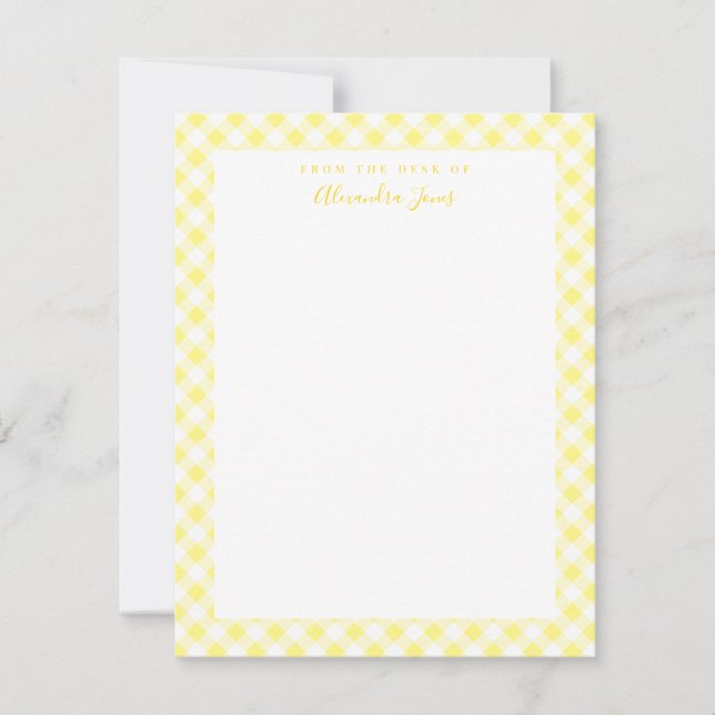 Yellow Gingham Check Personal Stationery Note Card (Front)