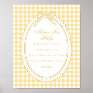 Yellow Gingham Coquette Bow Advice for Baby Shower Poster