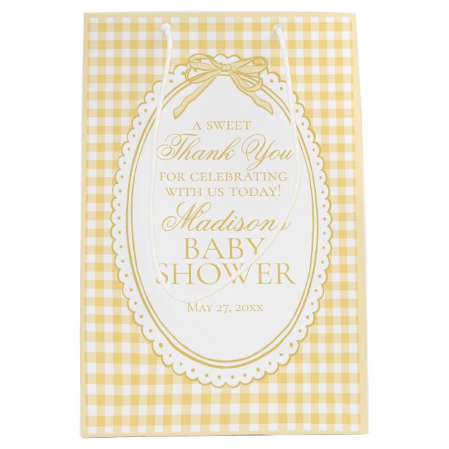 Yellow Gingham Coquette Bow Baby Shower Favours Medium Gift Bag (Front)