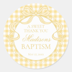 Yellow Gingham Coquette Bow Baptism Favor Classic Round Sticker