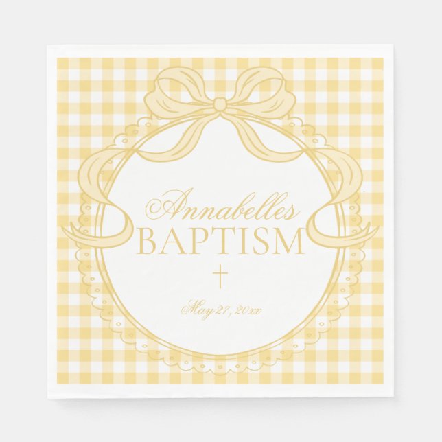 Yellow Gingham Coquette Bow Baptism Table Decor Napkin (Front)